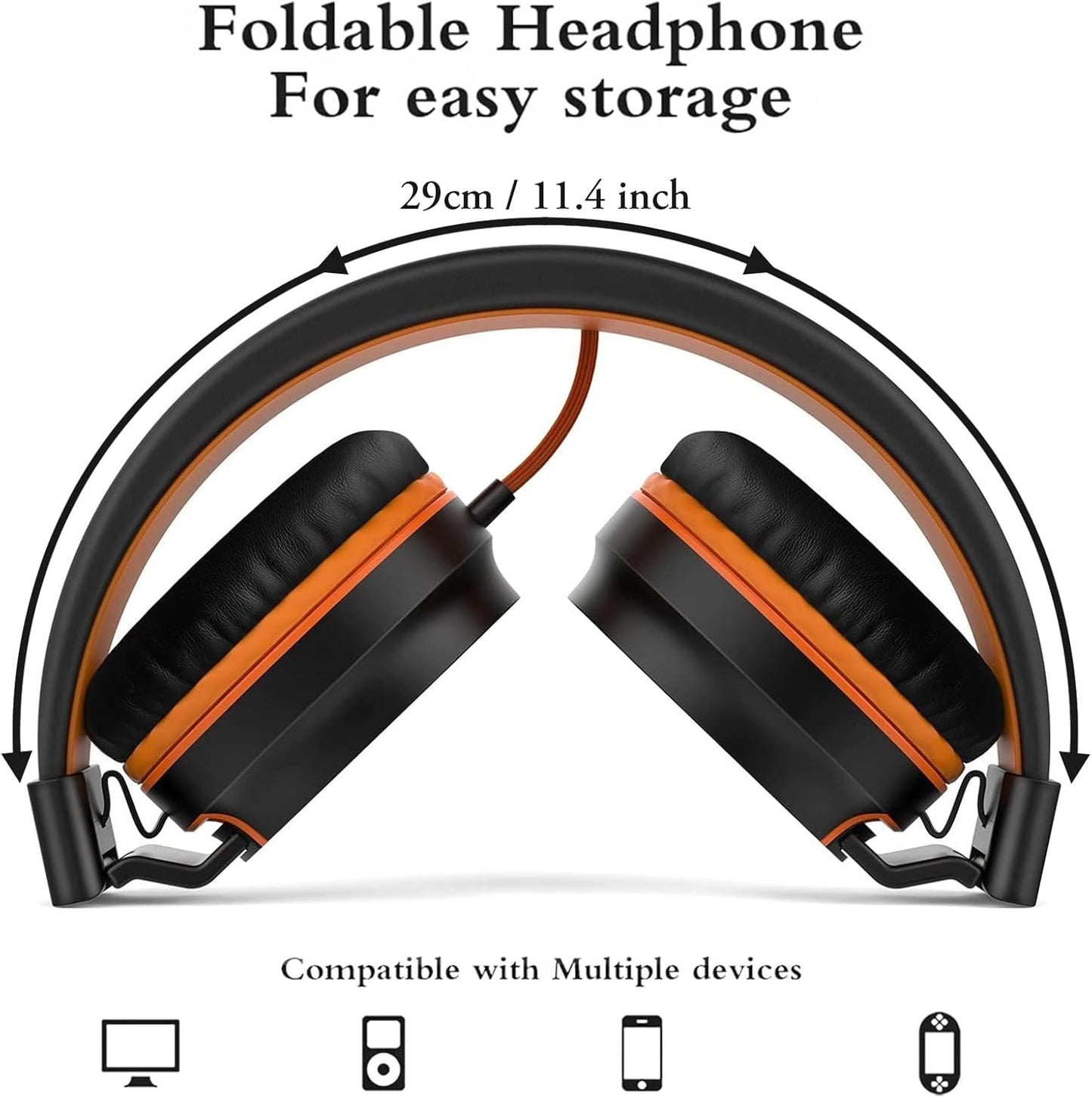 I36 Kids Headphones Children Girls Boys Teens Foldable Adjustable on Ear Headphones 3.5Mm Jack Compatible Cellphones Computer Kindle MP3/4 School Tablet Black/Orange