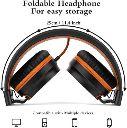 I36 Kids Headphones Children Girls Boys Teens Foldable Adjustable on Ear Headphones 3.5Mm Jack Compatible Cellphones Computer Kindle MP3/4 School Tablet Black/Orange